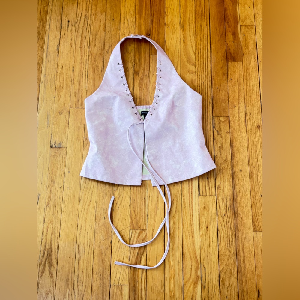 PrettyLittleThing PLT Pink Faux Leather Washed Plunge Halter Top Shirt